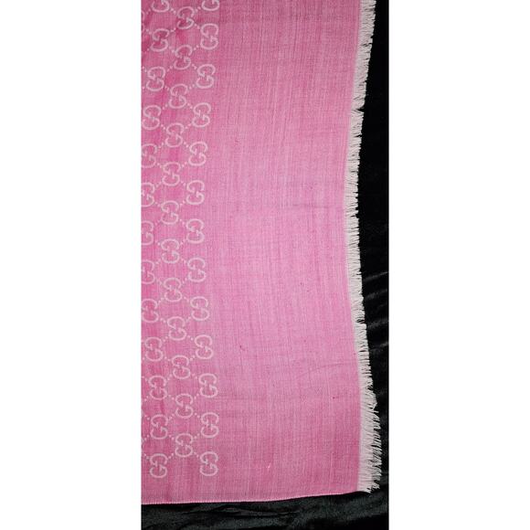 GUCCI Pink Jacquard Logo GG Wool Silk Scarf - Picture 5 of 14